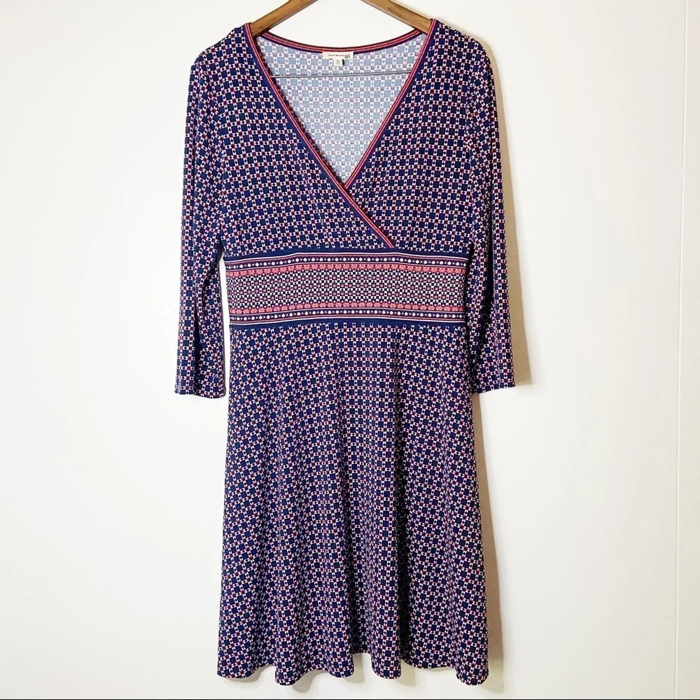 Max Studio L Geometric Wrap Front Midi Dress Boho Classic Transitional Bohemian